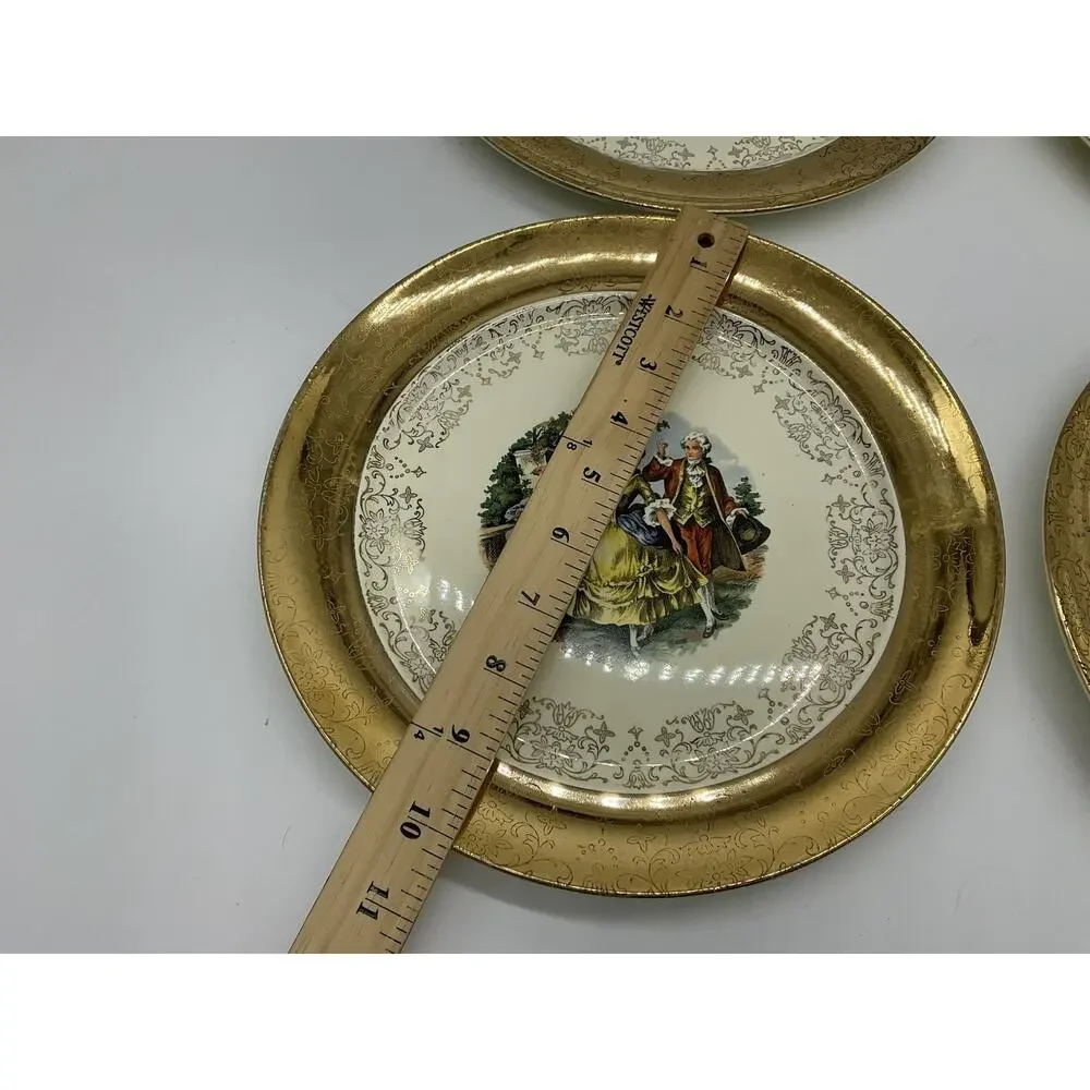Vintage Sabin Crest-O-Gold Dinner Plates Set 4 Gold Courting Couple Rococo USA‎